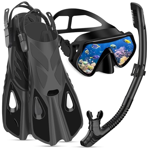 IEEILULU Set de Snorkel para Adulto, Esnórquel Settauch Set con Gafas de Buceo, Tubo de Respiración Semiseco y Aletas Ajustables, Snorkel Set para Adulto Aventura Submarina (Black, L/XL)