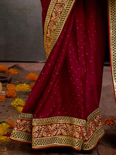 Image of AKHILAM Women's Pink Satin Silk Embroidered Saree with Unstitched Blouse Piece (SANCHI3001 SUM Parent)