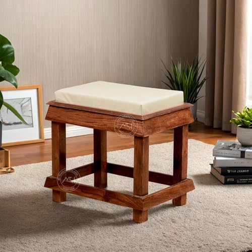 Image of NSH Handcrafted Solid Sheesham Wood Trapezium Stool with Cushion | Premium, Multipurpose Side Table, Footrest for Living Room, Bedroom, and Outdoor Use | Honey Finish, 1 Wooden Stool