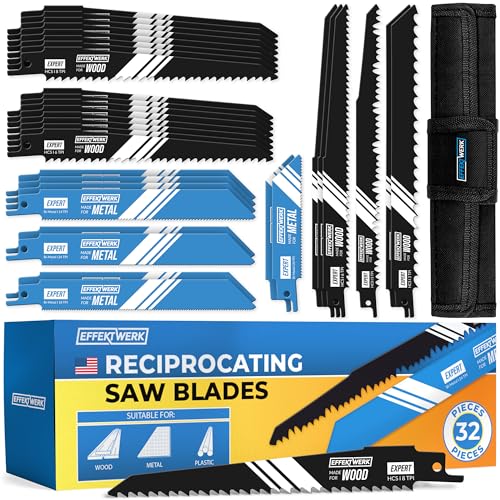 E•Werk - Reciprocating Saw Blade Set - 32 Pieces - Carbide Steel Replacement Saw Blades w/Storage Case - HCS (High Carbon Steel) & Bi-Metal Sabre Saw Blades for Wood, Metal & Plastic