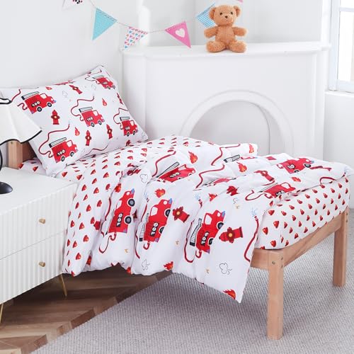 Image of Viviland Toddler Comforter Sets, 4 Pieces Bedding Sets, Fire Engine | Microfiber Truck Bed Set, Boys, Breathable & Soft, Comforter, Bed Sheet, Fitted Sheet and Pillowcase, Machine Washable