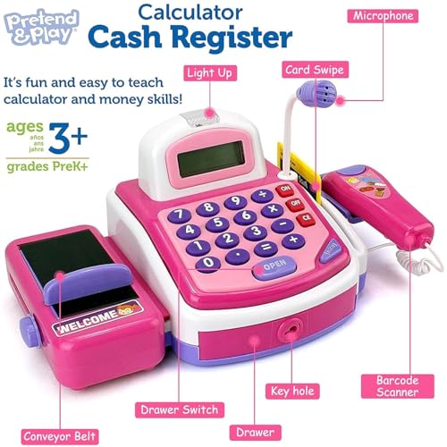 Image of Cable World Grocery Store Pretend Play Electronic Toy Cash Register Set - STEM Cash Register for Kids with Microphone, Play Money, and Food Basket - Kids Checkout Toys with Scanner- Pink