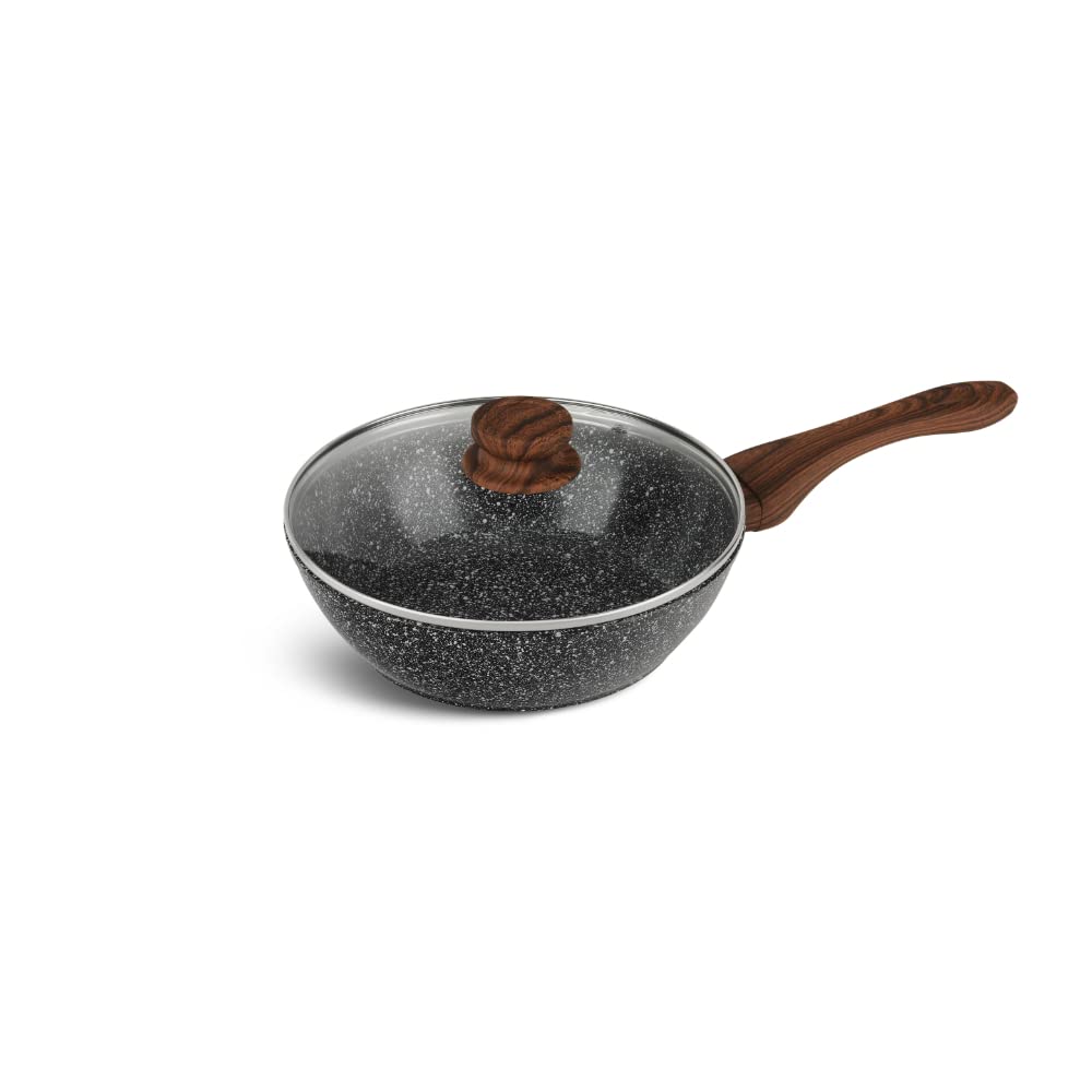 EDENBERG 28cm Forged Wok with Glass Lid Black Ceramic Marble | Virgin Grade Aluminum | Induction Bottom | Cookware Non-Stick Wok/Pan with Wooden Handle | 28 cm, Multicolor