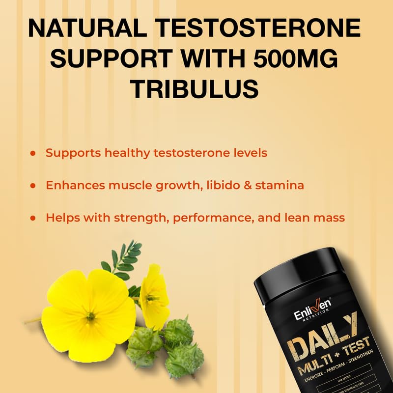 Enliven Nutrition Daily Multi+Testing - Multivitamin for men with tribulus extracts (60 tablets). With vitamins, minerals and antioxidants. Daily Energy and Welfare Support Enliven Nutrition Daily Multi+Testing - Multivitamin for men with tribulus extracts (60 tablets). With vitamins, minerals and antioxidants. Daily Energy and Welfare Support