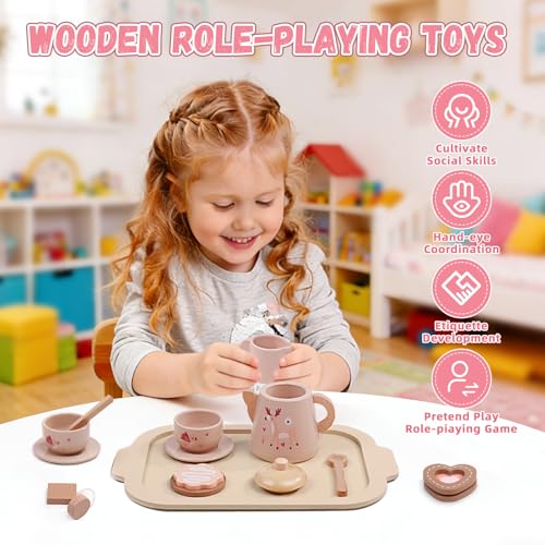 wotoyd Teeservice Kinder aus Holz, Puppengeschirr Kinderküche Zubehör für Teeparty & Rollenspiele, Holzspielzeug Geschenk für Mädchen Jungen ab 3 4 5 Jahre