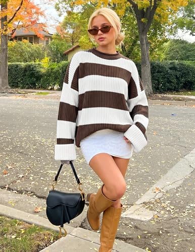 Image of ZESICA Womens Long Sleeve Oversized Striped Knitted Sweaters | Color Block Sweater,Crew Neck Sweater,Loose Fit Sweater,Ribbed Knit Pullover,2026 Fall Winter Sweater,Casual Going Out Top