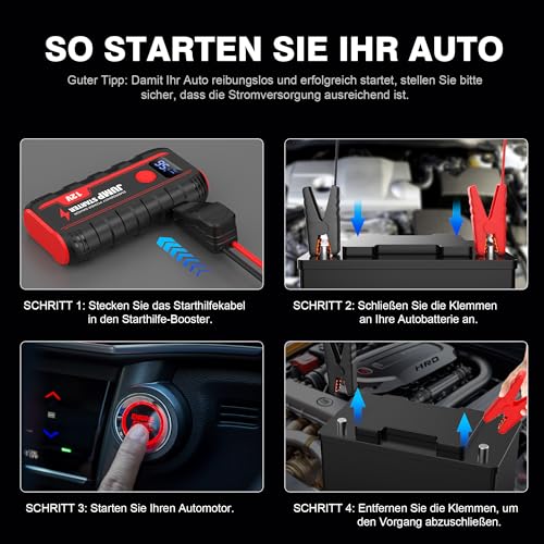Ginarelo Jump Starter Power Pack Booster - Portable 12V Car Battery Jumpstart Bank Motorcycle Jumper Start with Leads LCD Screen LED Engine Up To 6.0L Gas or 5.5L Diesel - Image 6