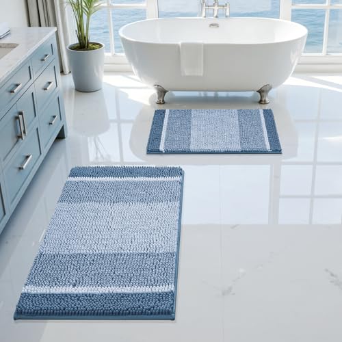 HOMEIDEAS Blue Bathroom Rugs Set, 2 Piece Thick Absorbent Fluffy Striped Chenille Bath Rugs, Non Slip, Soft Shaggy Bath Mats for Blue Bathroom Decor, 20" x 32" Plus 17" x 24" by HOMEIDEAS - Used condition - Image 3