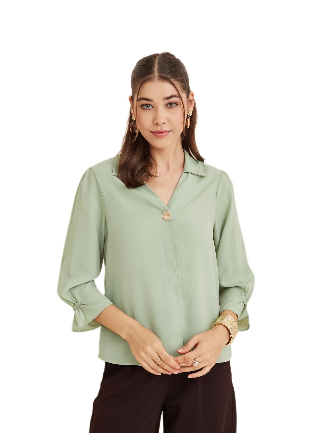latin quarters Women's Green Collar Neck 3/4Th Sleeves Solid Casual Top-picture-47