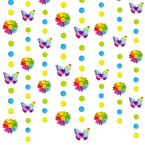 Image of Rainbow Butterflies Sunflower Garland Colorful Blue Yellow Green Circle Dot Hanging Paper Streamer Banner for Spring Summer Birthday Engagement Wedding Bridal Shower Fiesta Party Decorations Supplies