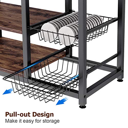 Homemaxs Kitchen Baker’s Rack, 4 Tier+ 4 Tier Microwave Storage Stand with 2 Slide-Out Mesh Baskets, Vintage Utility Shelf for Spices, Pots, and Pans Organizer Workstation - Rustic Brown