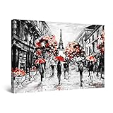 Startonight Bilder Schwarz und Weiß Rot Paris - Leinwandbilder Moderne Kunst - Städtisch Wanddeko Kunstdrucke, Wandbilder 60 x 90 cm, Tag Nacht Bild