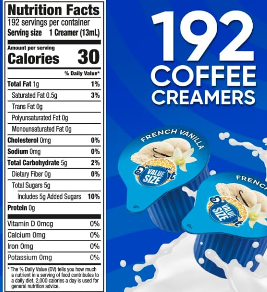 French Vanilla Coffee Creamer Singles, 192 Creamer Singles Included Great for Offices, Restaurants, Coffee, Bar, Gift and Homes