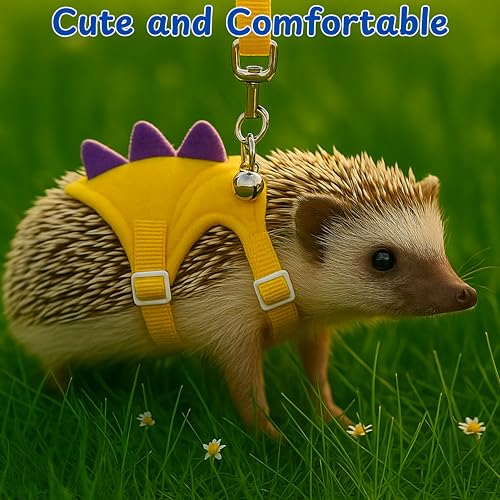 Image of Adjustable Hedgehog Leash and Harness with Safe Bell, Dinosaur Shaped Harness Leash for Training Playing, Hamster Clothes for Ferret Guinea Pig Hamster, Hedgehog Accessories (Yellow)
