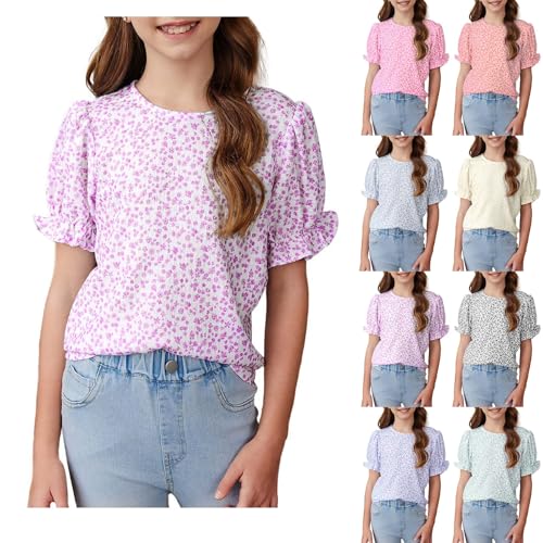 Cute Shirts for Teen Girls Floral Puff Short Sleeve T-Shirt Round Neck Tunic Tops Casual Solid Blouses 5-14 Years