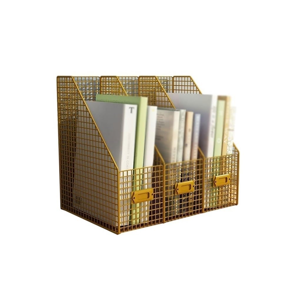 J9V4G6S3B5 Desktop File Rack Desktop File Magazine Folder Holder 3 Vertical Compartments for Office Home School(Gold)