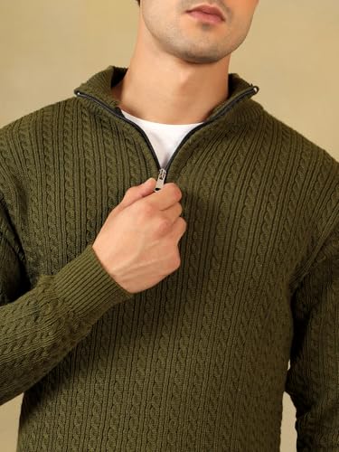 Image of Kvetoo Men's Full Sleeve High Neck Zipper Sweater| Warm Cable Knit Quarter Zip Pullover | Wool Winter Sweater for Casual & Office Wear
