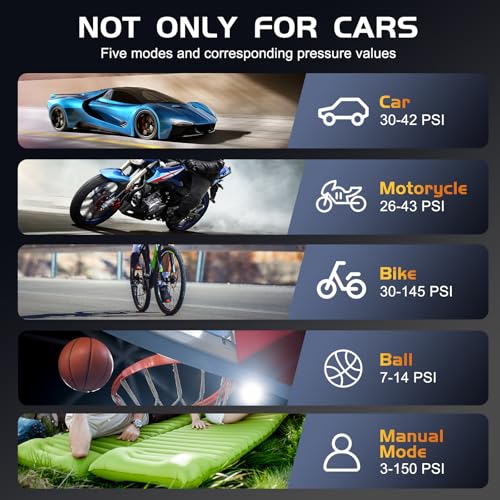 Tire Inflator Portable Air Compressor, 4X Faster & High-Capacity Battery, Portable Tire Inflator with Digital Pressure Gauge, LED Light, 150PSI Air Pump for Car Tires, SUV, Motorcycle, Bike, Ball, etc - Image 8