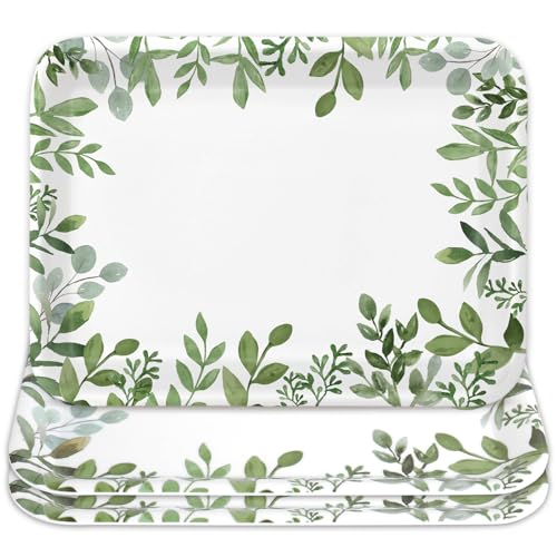 Whaline 3Pcs Greenery Serving Trays Reusable Melamine Platters Green Leaves Serving Dishes for Spring Birthday Wedding Party Food Supplies, 10 x 13 Inch