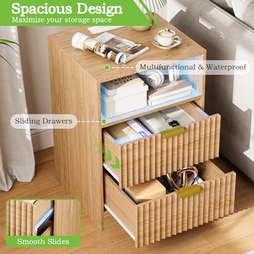 Image of Night Stand Set 2, LED Nightstand with Charging Station, Fluted Nightstands Set of 2 with 2 Drawers, Wood Side Table End & Bedside Tables for Bedroom Sofa Office, Natural Oak