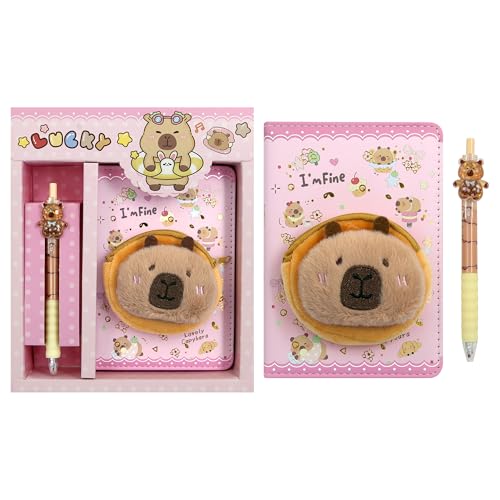 Ensemble de papeterie 2 en 1 en peluche sur le thème de Capybara, coffret cadeau, format A6, mignon animal de dessin animé, carnet, bloc-notes, carnet de notes en fourrure douce avec stylo, petit sac
