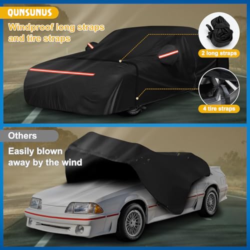 Image of QUNSUNUS Waterproof Car Cover for Ford Mustang 1979-1993, Outdoor Car Covers with Zipper, All Weather Full Exterior Cover with Straps and Elastic Edges for Wind, Sun, UV and Dust Protection