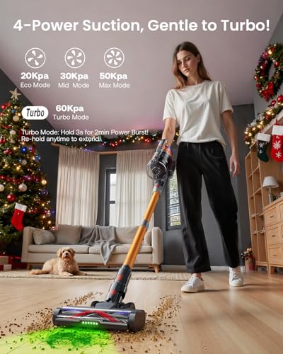 Image of Cordless Vacuum Cleaner for Home, Upgraded 60Kpa Powerful Suction Pet Hair Vacuum with 70min Runtime, Green LED Light for Hardwood Floors & Carpet, Self-Standing Rechargeable Stick Vacuum, Golden