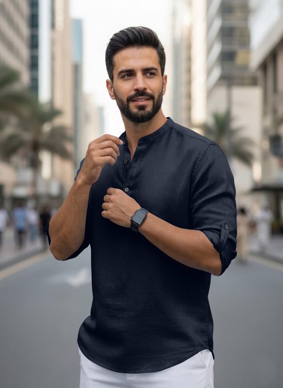 Image of Men Cotton Blend Mandarin Collar Casual Kurta Shirt | Roll-Up Sleeves | Regular Fit Ethnic Short Kurta for Daily