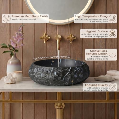 Image of BASSINO 20x15x6 Inches Artificial Stone Table Top Washbasin /Black Marble Stone Texture Luxury Countertop Sink /Modern Rock Finish Wash Basin for Home-Hotel /Designer Oval Shape Basin for Bathroom(Matte)