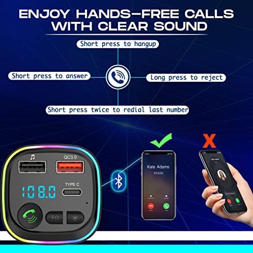 Car FM Transmitter, Wireless Bluetooth 5.1 Radio Adapter Car Kit, PD3.0 Type C 20W+QC3.0 Car Fast Charger, Hands Free Calling, Play TF Card & USB Flash Disk, LED Display Car Battery Voltage, Black