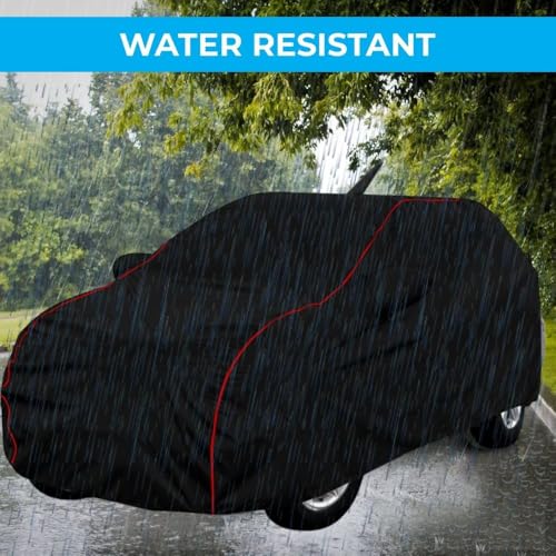 Image of GROOFOO Water Resistant Car Body Cover Compatible with Toyota Glanza | Triple Stitched Bottom Elastic Dustproof UV Heat Scratch Resistant Full Body Vehicle Protection Cover (Black Red)