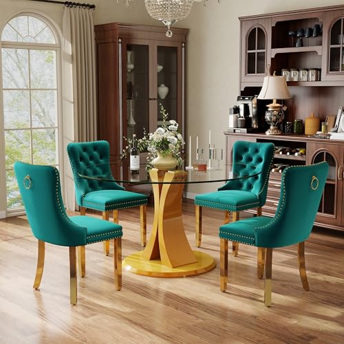 Image of 5-Piece Dining Table Set with 47In Tempered Glass Table and 4 Velvet Upholstered Chairs, Modern Scandinavian Furniture for Dining Room Kitchen(Green&Gold)