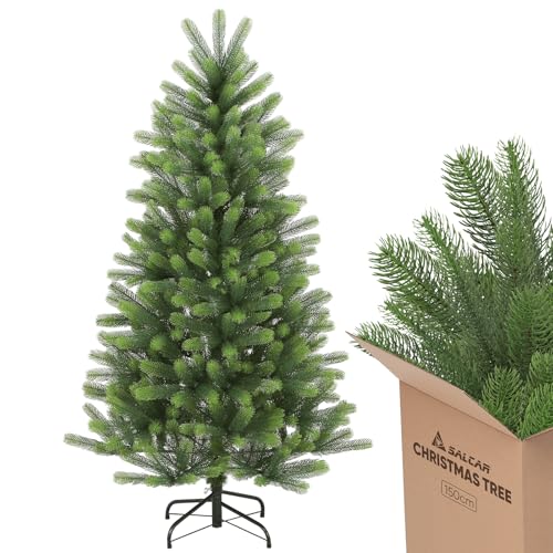 SALCAR 5ft Artificial Christmas Tree – 100% PE Injection-Molded, Full & Realistic Branches, Odorless Tips, Sturdy Metal Stand, Easy Setup, 150cm Xmas Tree option