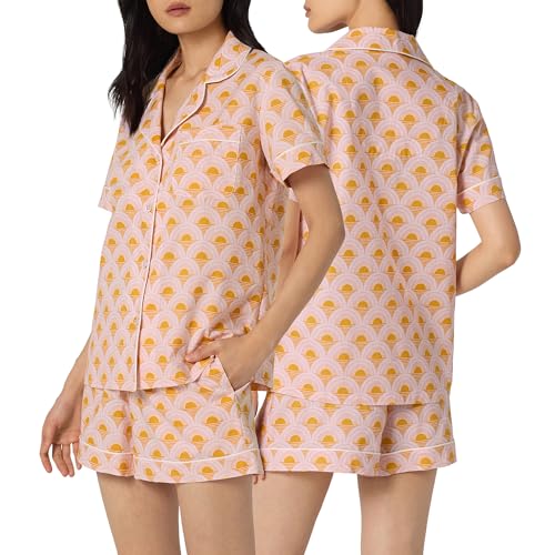 Image of Bed Head PJs Women's Short Sleeve Woven Cotton Sateen Shorty Pajama Set - Organic, Soft, Lightweight, Classic Fit Sleepwear