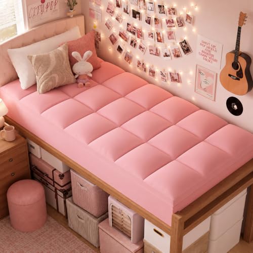 Image of ELEMUSE Twin XL Mattress Topper for Dorm, Plush Pillow Top Bed Pad | Pink college dorm essential with plush comfort, designed for Twin XL beds in dorm rooms, and back to school upgrade