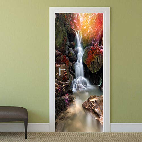 Qcznbl 3D Door Stickers Decor Removable Kids Teens Waterfall River Stone Door Murals Wallpaper Waterproof Removable Art Door Decals 37.4X84.6 Inch Bedroom Bathroom Kitchen Home Decor #TOP1