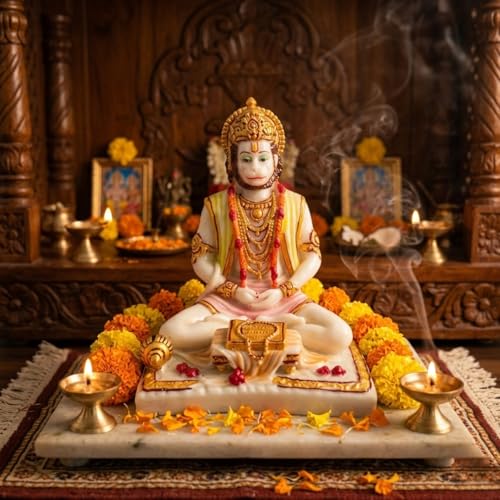 Image of Blessing Hanuman Idol - Multicolor Sitting Bajrangbali Murti with Gada for Home Temple Decor | Lord Hanuman Ji Statue for Strength, Protection & Devotion | Puja Showpiece Gift (15 Cm Hanuman Ji.)