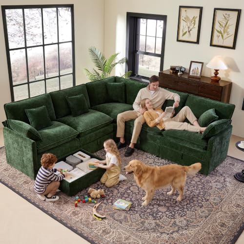 Image of Ihanherry Oversized Modular Sectional Sofa with Storag, 6-Seater V Shaped Cloud Couch with Movable Ottomans, Chenille Deep Seat Corner Couches for Living Room (Green)