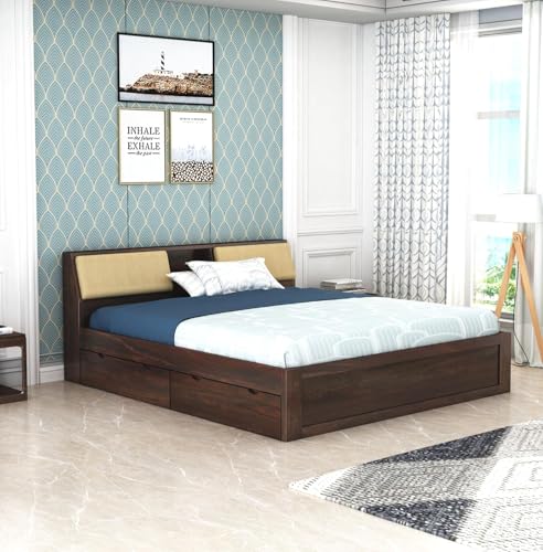 Image of STRATA FURNITURE Sheesham Wood King Size Bed with Drawer Storage Solid Wood Double Bed Palang | Wooden Bed for Bedroom Living Room Furniture (Walnut Finish)