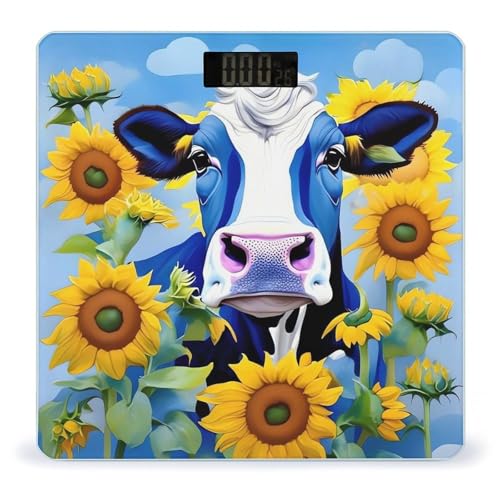 Báscula digital de vidrio templado azul con diseño de vaca y girasoles miniatura 1
