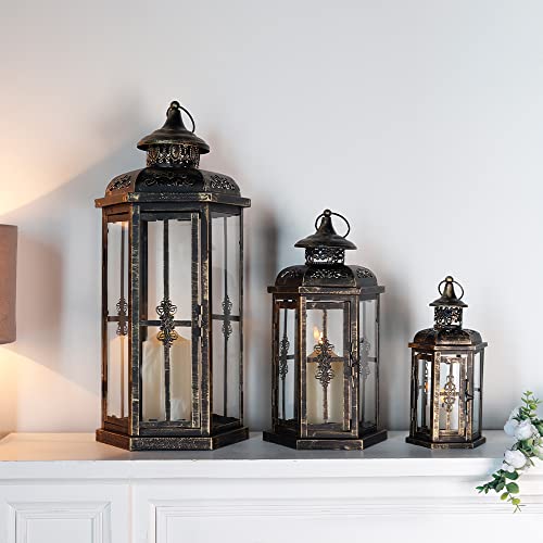 Jhy Design Set Of 3 Decorative Candle Lanterns 20.5''&14"&10" H Outdoor Candle Lanterns Vintage Metal Cand Leholder For Indoor Outdoor, Events, Parities And Weddings(Black With Gold Brush) #TOP3