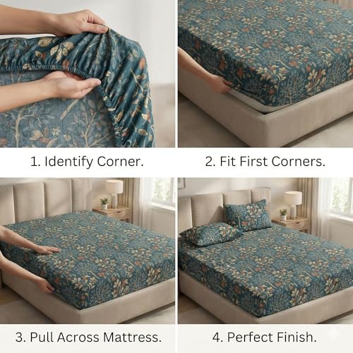 Image of BSB HOME Cloud Cotton King Size Fitted Bedsheet 78 x 72 + 10 Inches | 220 Thread Count Soft & Breathable Cotton Fitted Bed Sheet with Elastic, Deep Pocket Bedding for Home (Teal Blue)