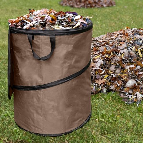 Image of Wakeman Outdoor Trash Can - 46-Gallon Collapsible Garbage Can with 3 Stakes - Pop Up Trash Can for Camping, Storage, or Yard Waste Outdoors (Beige)