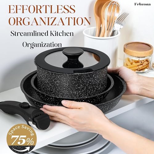 Image of Febzona 6 Pcs Pots and Pans Non Stick Cookware Combo Set Induction Ready, with Detachable Handle, Stackable Kitchen Cooking Set Removable Handles, Oven Safe, frypan Tea pan Utensils (Stone Black)
