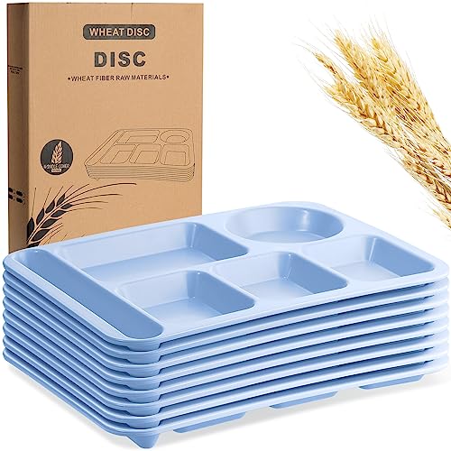 Pinkunn 8 Pcs Large 14 Inch Unbreakable Divided Plates for Kids Adults Wheat Straw Tray Dishwasher Microwave Safe Reusable Compartment Plates(Blue)