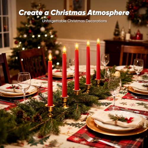 Image of Homemory 3 Pcs Waxy Red Flameless Taper Candles with Remote, Flickering Battery Operated Classic Tall Candles for Xmas, Wedding, Party, 9.6 inches