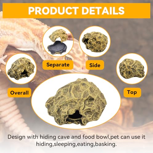 Image of Small Hideout for Reptiles,Reptile Hide Cave Resin Gecko Habitat Decor 2 in 1 Multi-Functional Leopard Gecko Tank Accessories Hideout with Detachable Base as Food Bowl