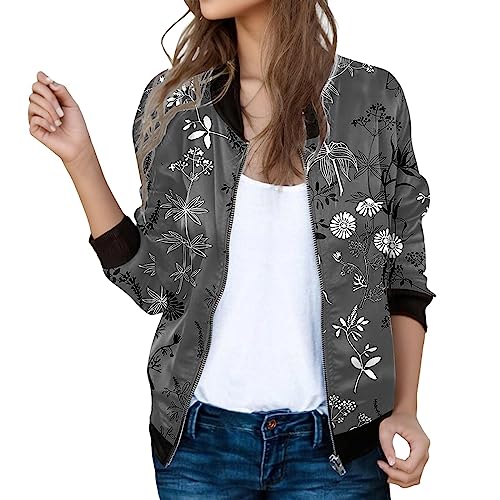 Bomber Jacket Women Floral Zip Up Zipper Jackets Coats Stand Collar Long Sleeve Causal Lightweight Tops Outerwear