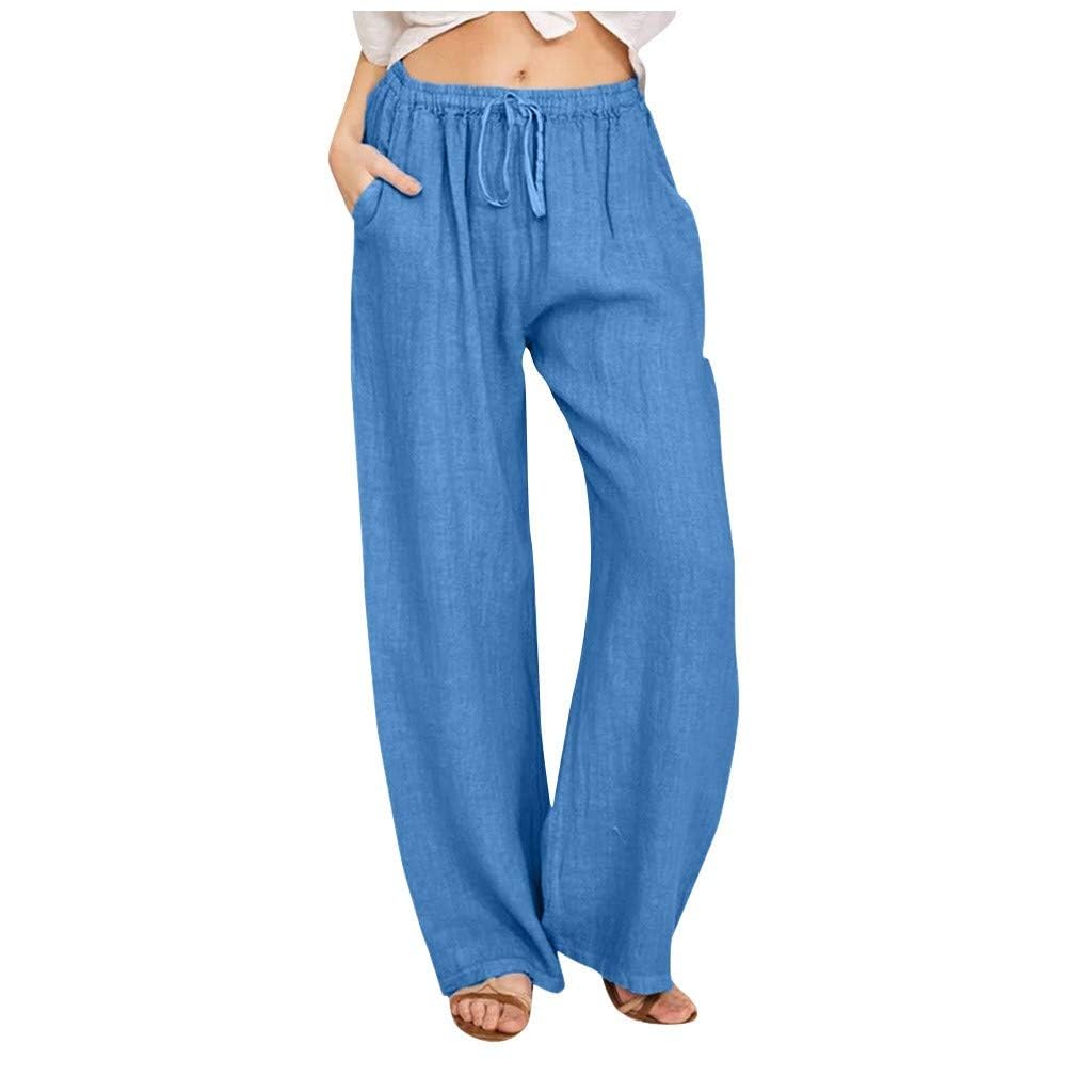 Womens Linen Pants Casual Elastic Waist Loose Summer Beach Pants Drawstring High Waisted Stright Leg Lounge Pant Trousers