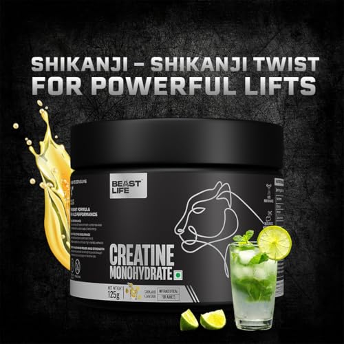 Image of BeastLife Micronised Creatine Monohydrate with Free Shaker | 125g | 33 Servings | Shikanji | NABL Lab Tested | Rapid Absorption for Muscle Strength & Athletic Performance | Super Micronised Creatine Powder
